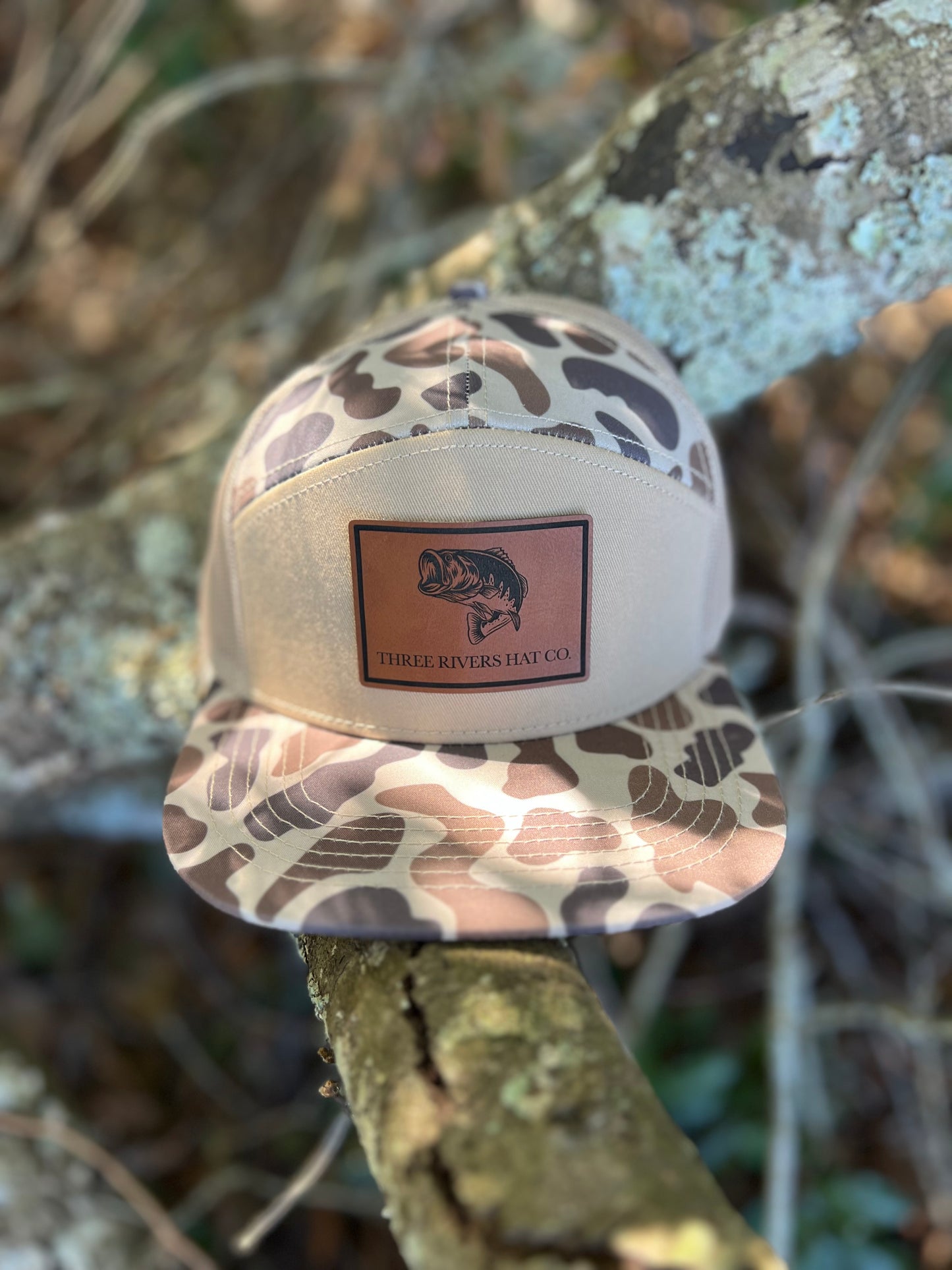 Bass Silhouette- “Old’s Cool” Camo Flatbill Snapback - Lost Hat Co. 7 panel